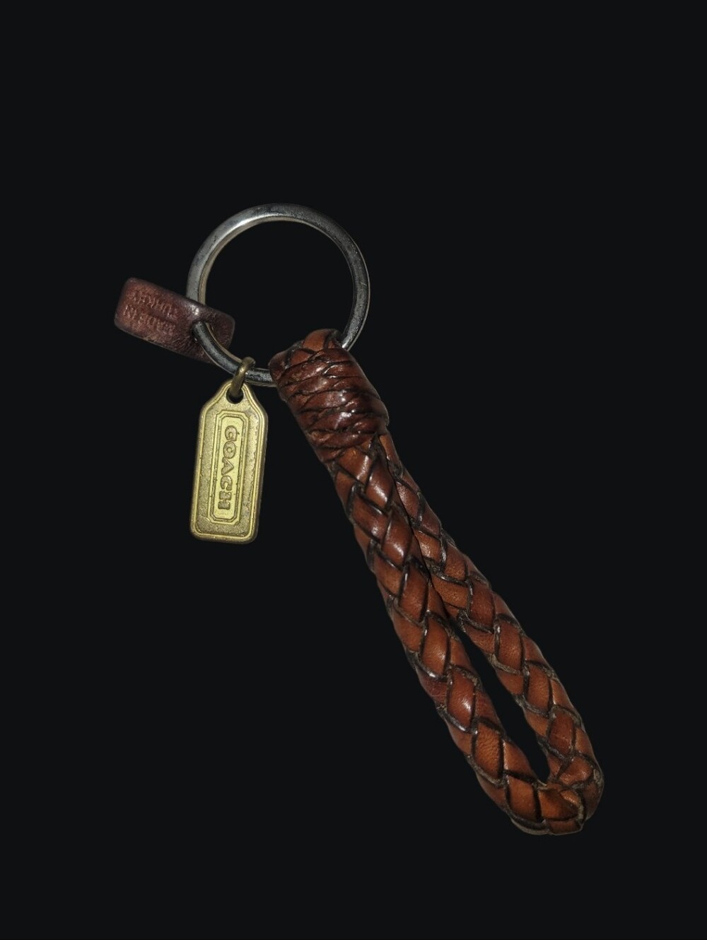 Vintage Coach Braided Leather Loop Keychain Brown with Gold Tag